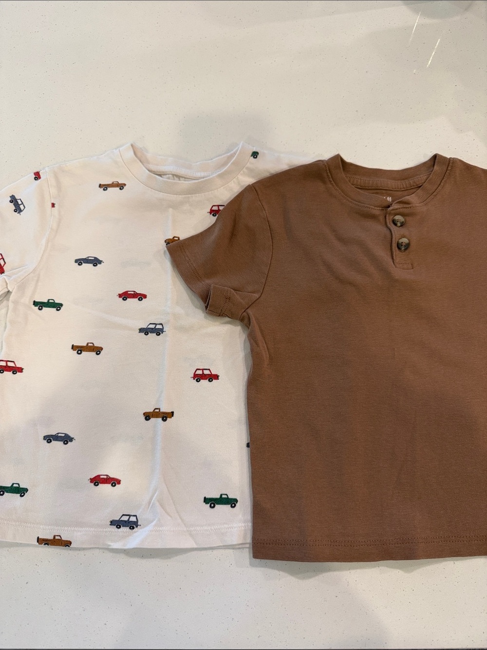 H&M Brown Henley Tee & White Car Print Tee - Kids Shirts